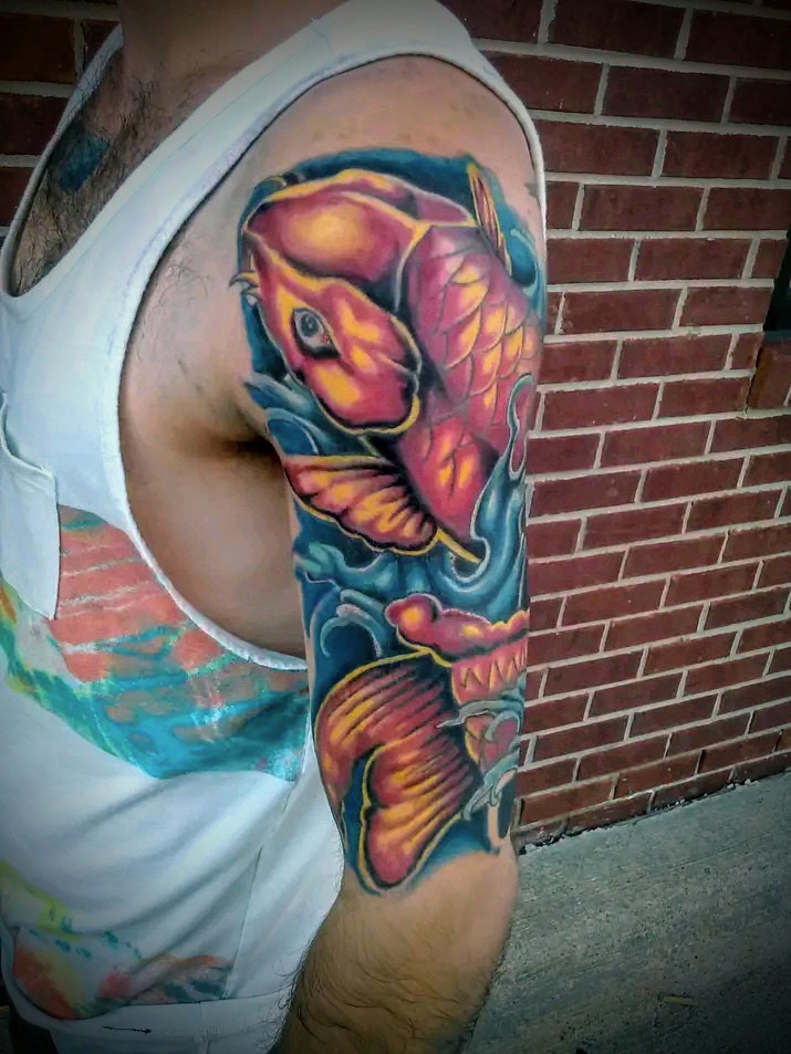 Bright color koi sleeve tattoo by Michael, the featured piece of the Color collection